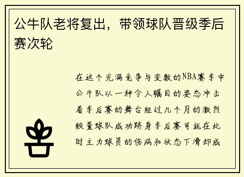 公牛队老将复出，带领球队晋级季后赛次轮