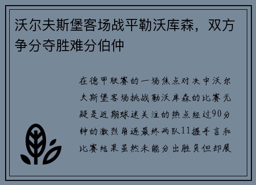 沃尔夫斯堡客场战平勒沃库森，双方争分夺胜难分伯仲