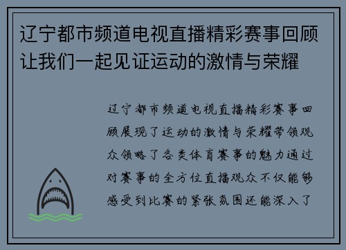辽宁都市频道电视直播精彩赛事回顾让我们一起见证运动的激情与荣耀
